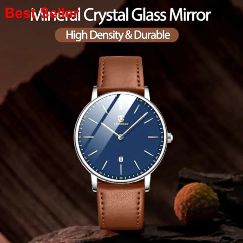 Extremely Thin Minimalist Analog Leather Wrist Watch with Date